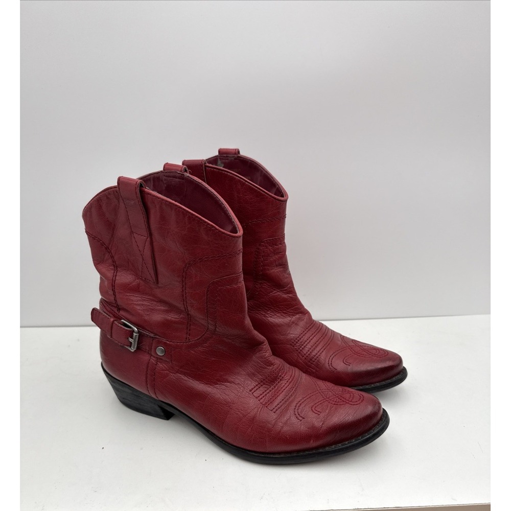 Red Western Cowgirl Ankle Boots Waco w/Buckle Franco Sarto Women Sz 7.5 READ Des
